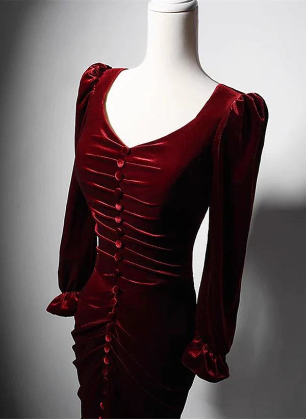 Wine Red Velvet Long Sleeves Mermaid Long Prom Dress